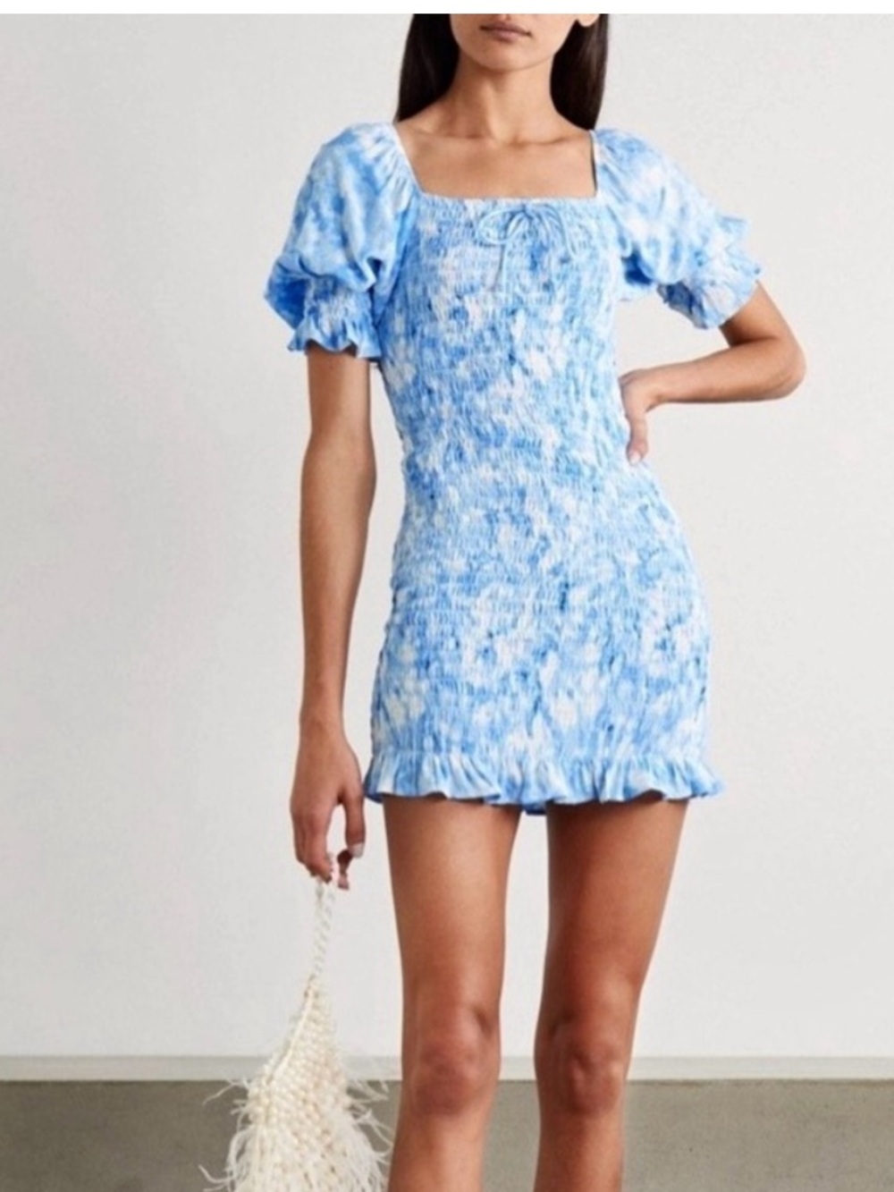Faithfull The Brand Blue Floral Smocked Puff Sleeve Mini Dress S
